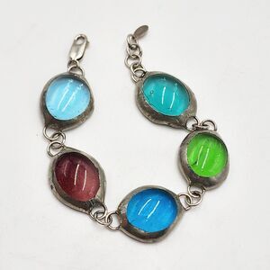 Artisan "sg" Bracelet Colorful Bezel Glass Cabochons Sterling Silver Clasp 7.5"